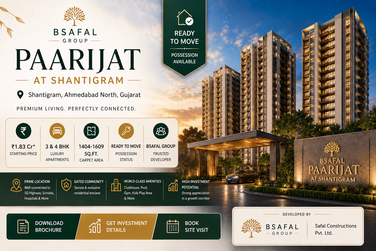 BSA Paarijat at Shantigram - 3 & 4 BHK Flats in Adani Shantigram Ahmedabad